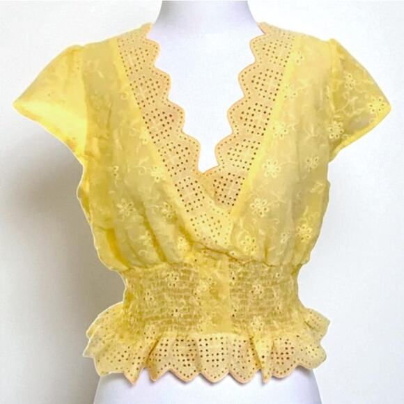 Rose & Grey M Yellow Eyelet Lace Crop Top Ruffle Cottage Coquette Softgirl Cute - Picture 1 of 10